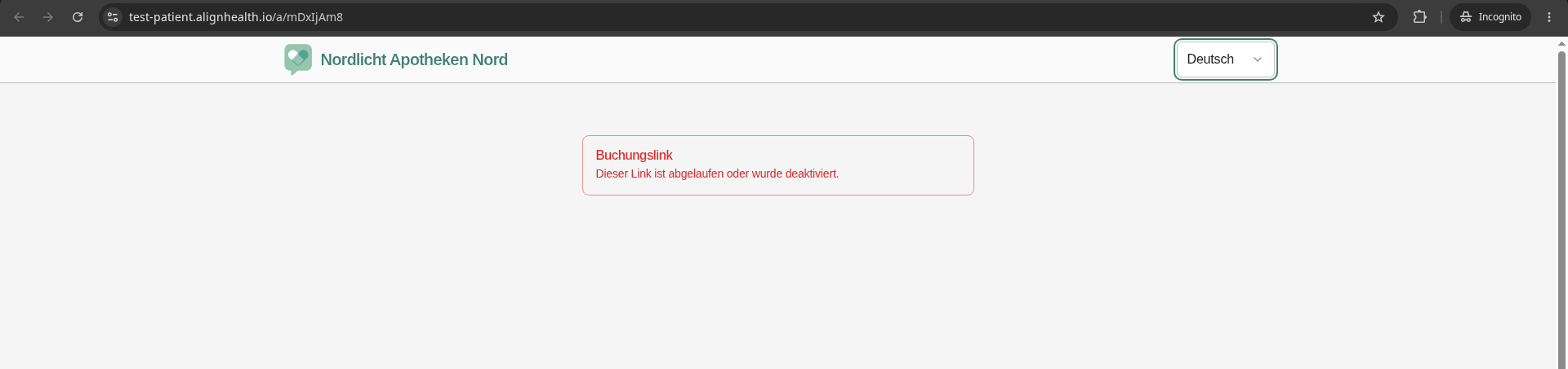 Patientenportal mit dem Hinweis „Dieser Link ist abgelaufen oder wurde deaktiviert.“