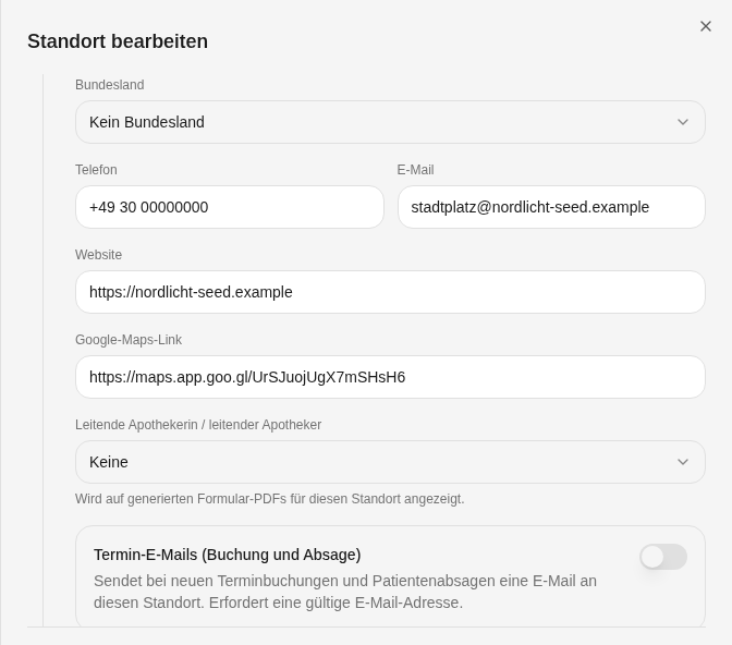 Standort bearbeiten: Kontaktfelder und Termin-E-Mails