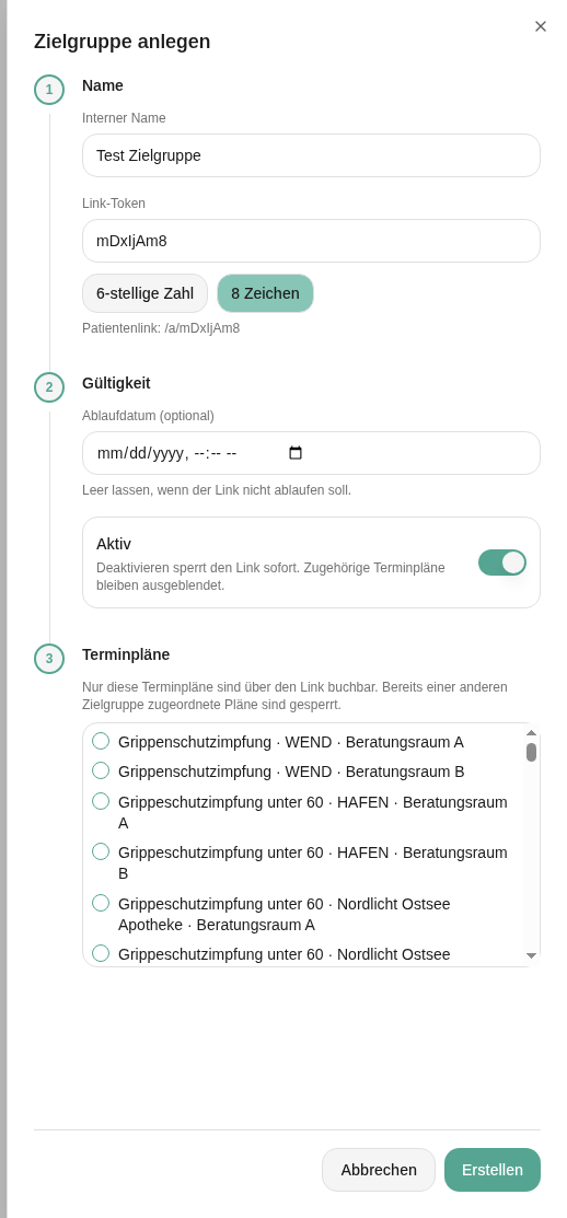 Abschnitt Name mit Interner Name, Link-Token aus 8 Zeichen und Patientenlink