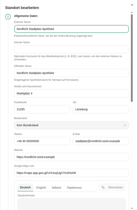 Standort bearbeiten, Abschnitt Allgemeine Daten mit Namen, Adresse und Bundesland