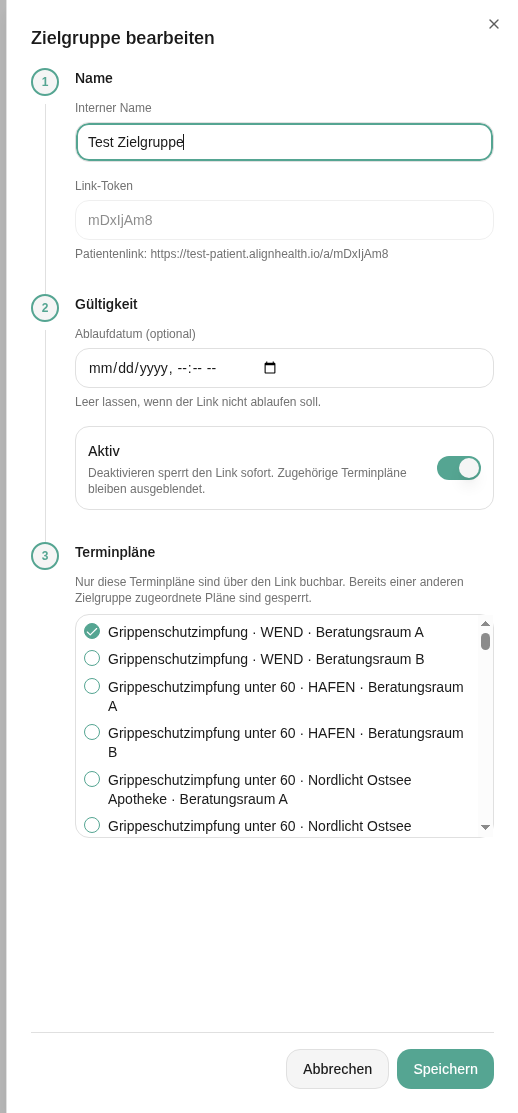 Seitenpanel Zielgruppe bearbeiten mit gesperrtem Link-Token und Schalter Aktiv