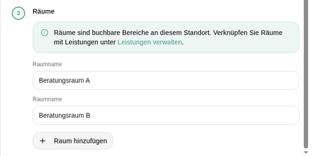 Standort bearbeiten, Abschnitt Räume mit Raumnamen und Raum hinzufügen