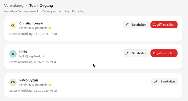 Team-Zugang mit der Liste der Personen