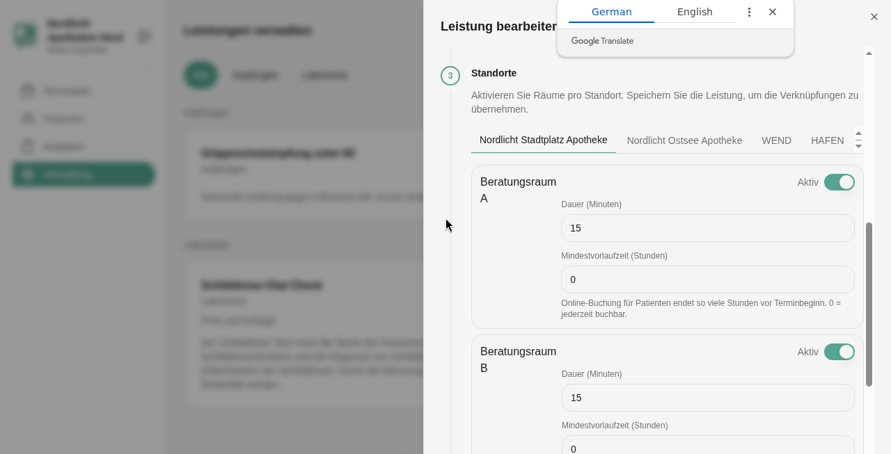 Leistung bearbeiten, Schritt Standorte: Aktiv, Dauer und Mindestvorlaufzeit je Raum