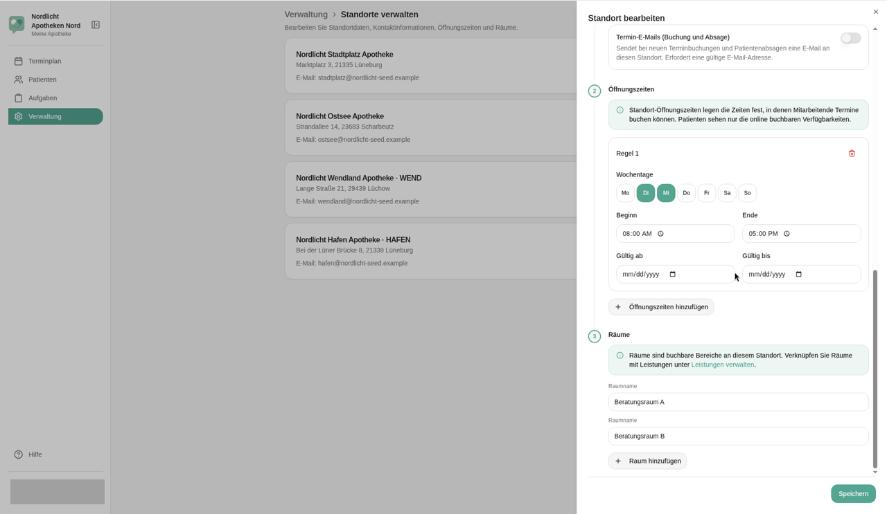 Öffnungszeiten und Räume im Seitenpanel