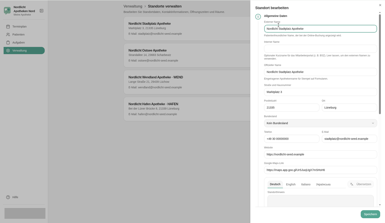 Seitenpanel Standort bearbeiten, Allgemeine Daten