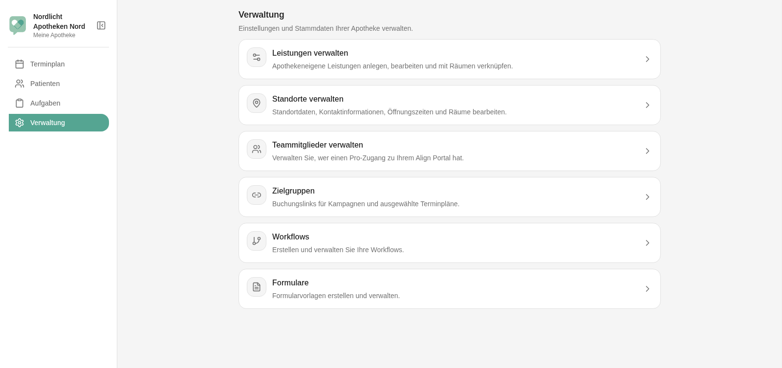 Verwaltung mit den Karten Leistungen verwalten, Standorte verwalten, Teammitglieder verwalten, Zielgruppen, Workflows und Formulare