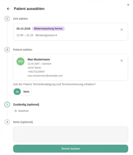 Termin buchen: Die Frage nach Terminbestätigung und Terminerinnerung steht bei Max Mustermann auf „Ja“