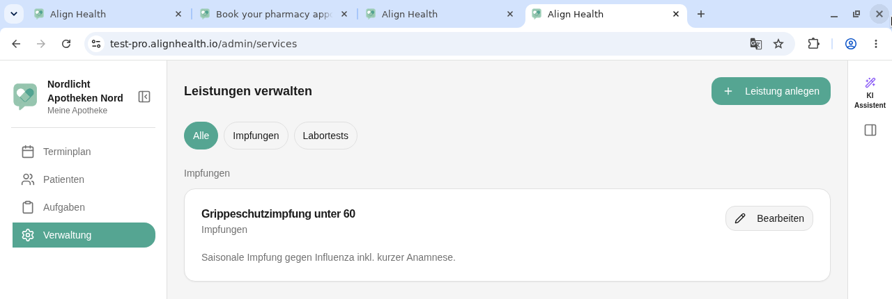 Liste der Leistungen mit Button Leistung anlegen und Bearbeiten