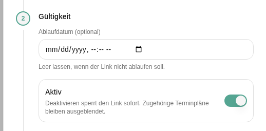 Abschnitt Gültigkeit mit Ablaufdatum (optional) und Schalter Aktiv