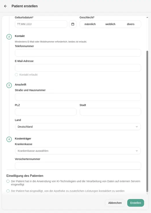 Formular „Patient erstellen“: „Kontakt erlaubt“ unter der E-Mail-Adresse und die Einwilligungen zu KI und zusätzlichen Leistungen am Ende