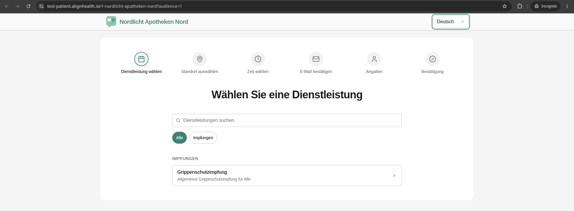 Patientenportal nach dem Öffnen des Buchungslinks: Wählen Sie eine Dienstleistung, nur die Leistung der Zielgruppe