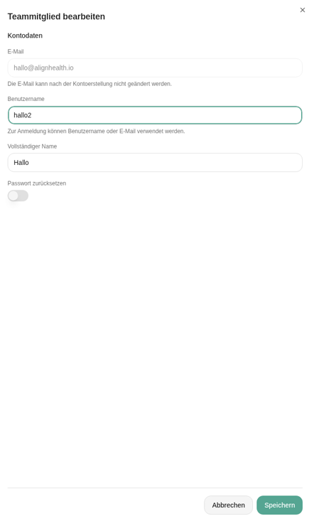Seitenpanel Teammitglied bearbeiten mit Kontodaten