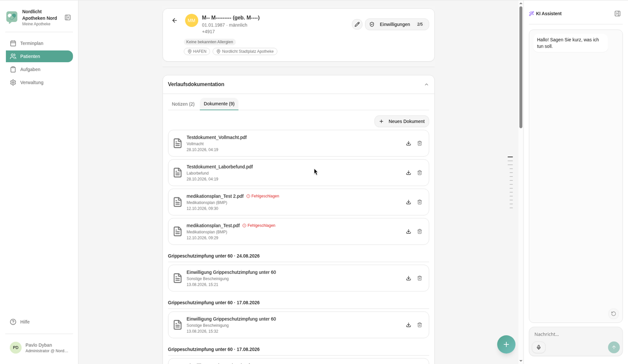 Register Dokumente mit zwei neuen Einträgen sowie den Symbolen zum Herunterladen und Löschen