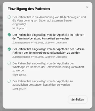 Fenster „Einwilligung des Patienten“: zwei von fünf Einwilligungen gesetzt, die übrigen „Nicht gesetzt“