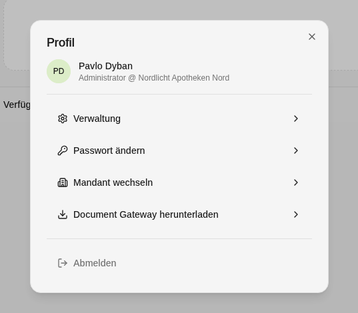 Profil mit Verwaltung, Passwort ändern, Mandant wechseln, Document Gateway herunterladen und Abmelden