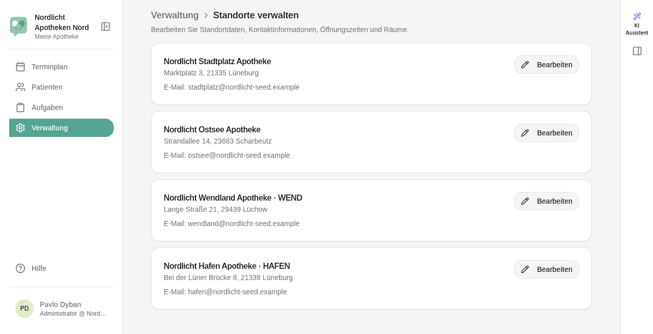 Liste der Standorte mit Button Bearbeiten