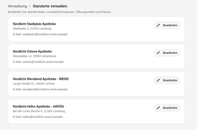 Standorte verwalten: Liste der Standorte mit Adresse, E-Mail und Button Bearbeiten