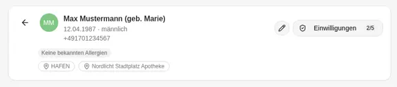 Kopfbereich der Patientenakte mit der Schaltfläche „Einwilligungen 2/5“