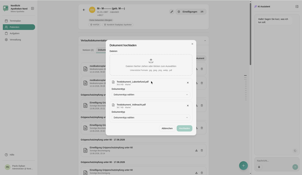 Dialog Dokument hochladen mit zwei Dateien, jede mit eigenem Feld Dokumenttyp