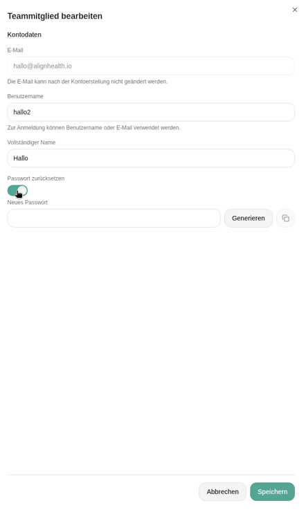 Seitenpanel Teammitglied bearbeiten mit Passwort zurücksetzen