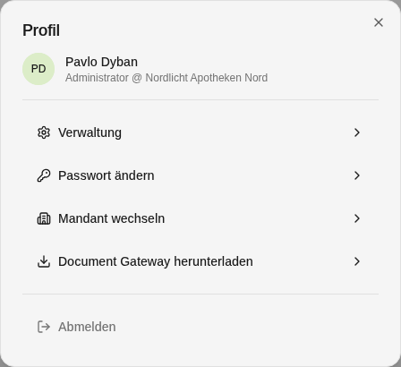 Profilmenü mit Rolle, Apotheke und Abmelden
