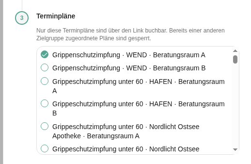 Abschnitt Terminpläne mit einem angehakten Terminplan
