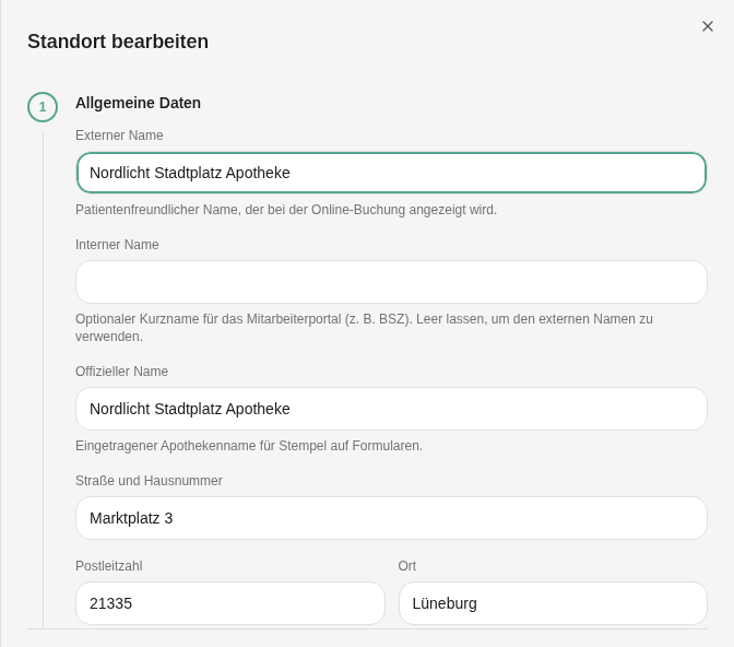 Standort bearbeiten, Schritt Allgemeine Daten mit Namen und Adresse