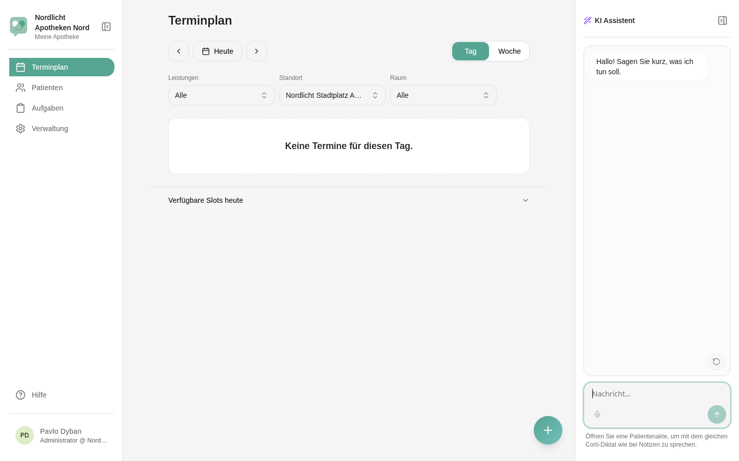 Terminplan mit Navigation, Hilfe und Profilbereich
