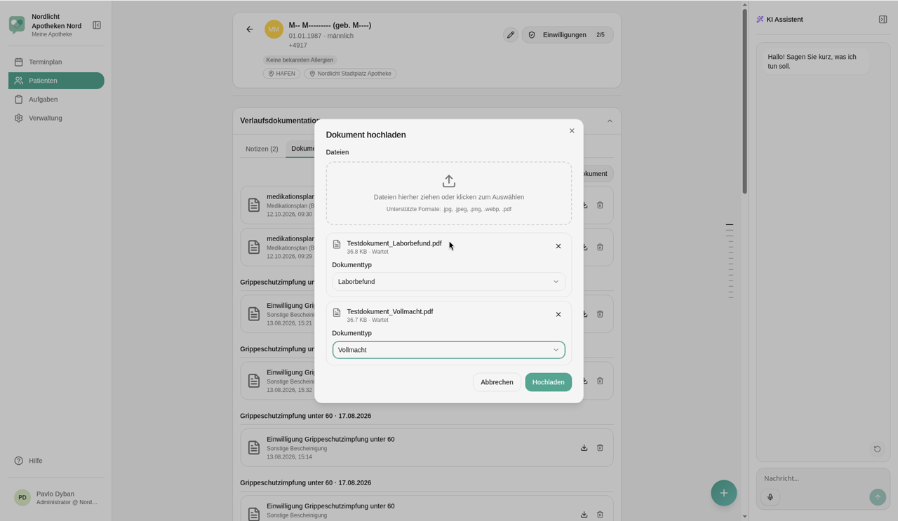 Dialog Dokument hochladen mit zwei Dateien und den Dokumenttypen Laborbefund und Vollmacht
