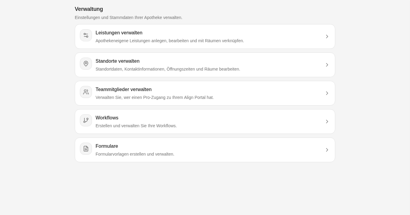 Verwaltung mit fünf Karten: Leistungen, Standorte, Teammitglieder, Workflows und Formulare