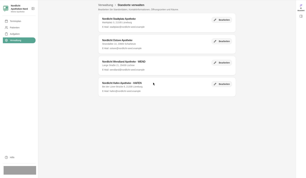 Liste der Standorte mit Bearbeiten