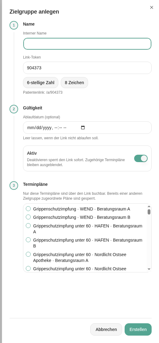 Seitenpanel Zielgruppe anlegen mit den Abschnitten Name, Gültigkeit und Terminpläne