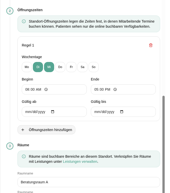Standort bearbeiten, Schritt Öffnungszeiten mit Hinweis für Mitarbeitende