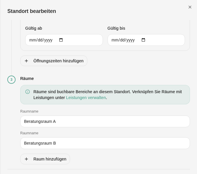 Standort bearbeiten, Schritt Räume mit Raumnamen