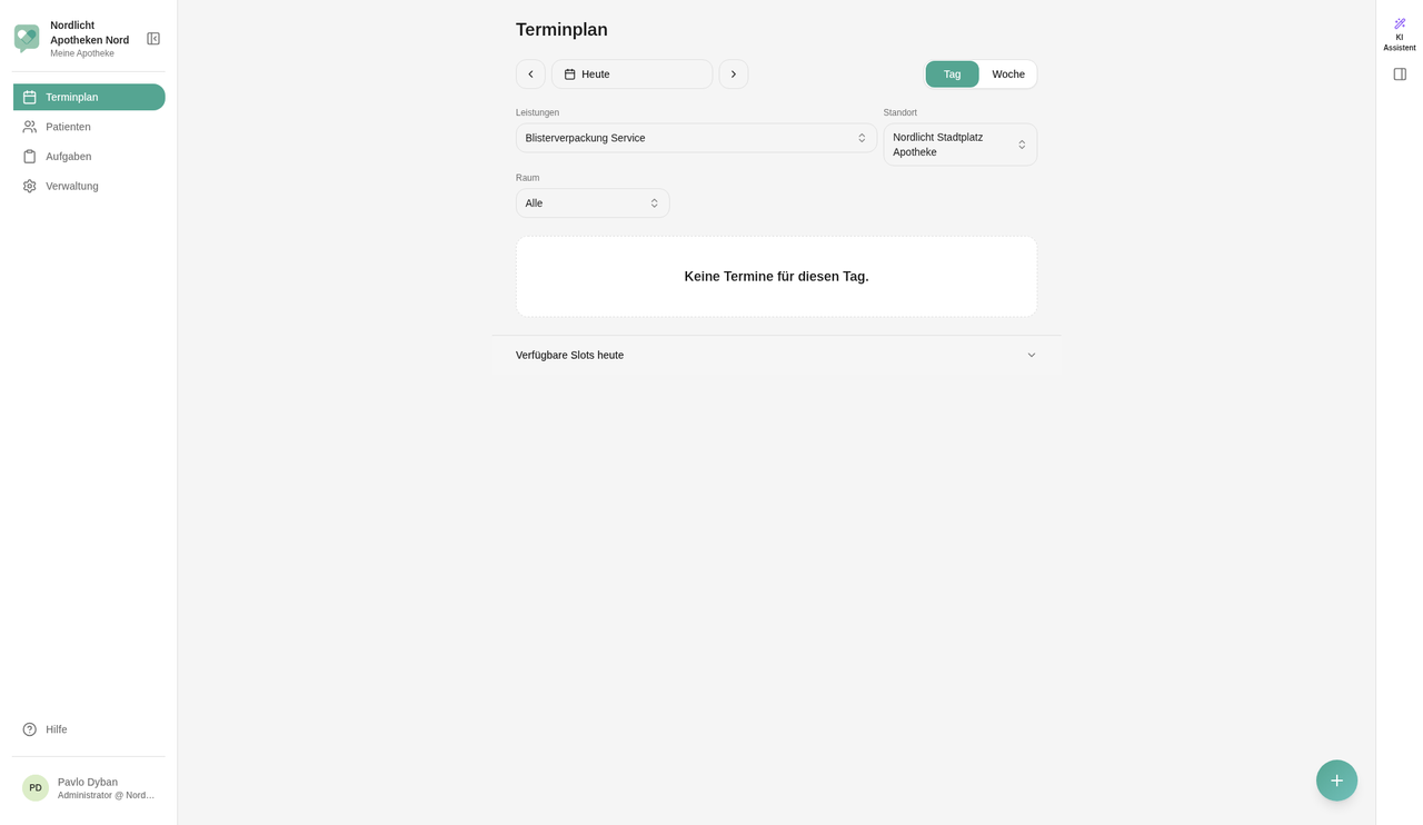 Terminplan nach der Anmeldung mit linker Navigation