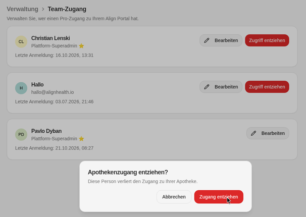 Dialog Apothekenzugang entziehen