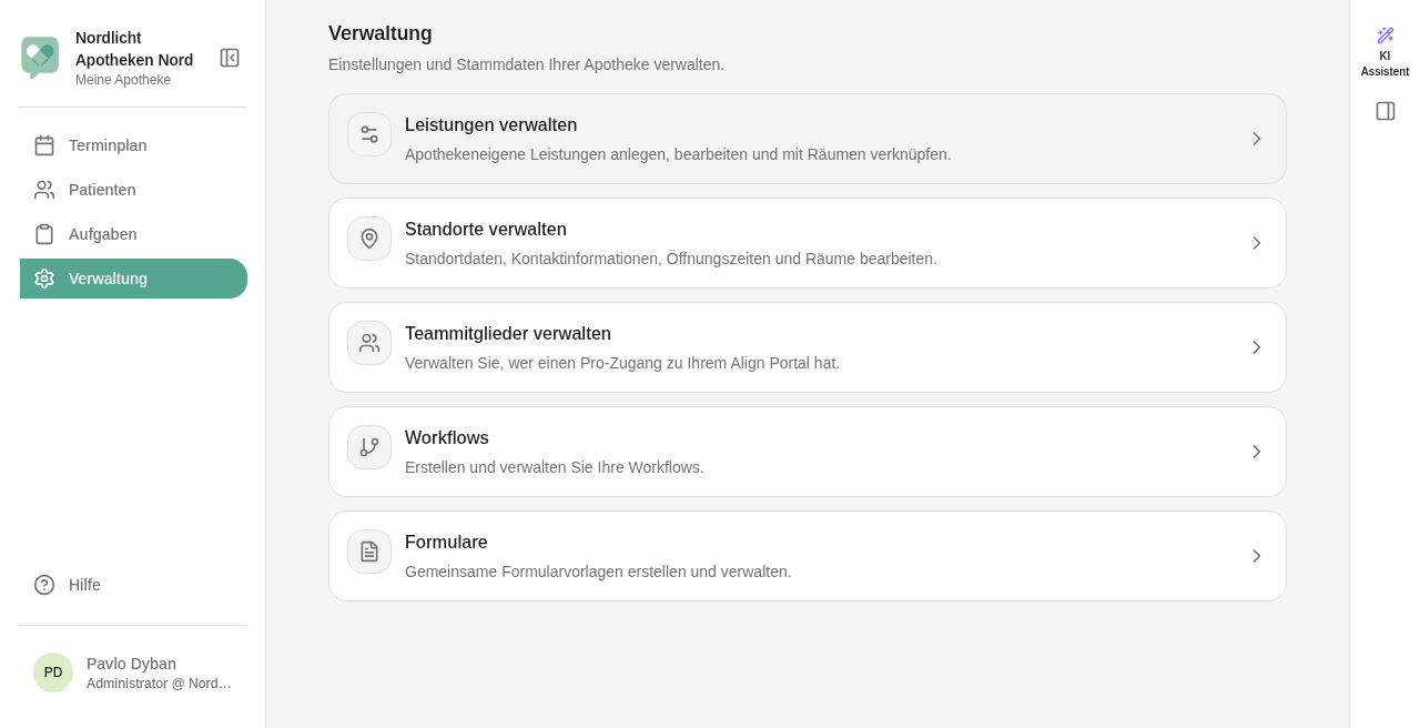 Verwaltung mit Karten für Leistungen, Standorte und Teammitglieder